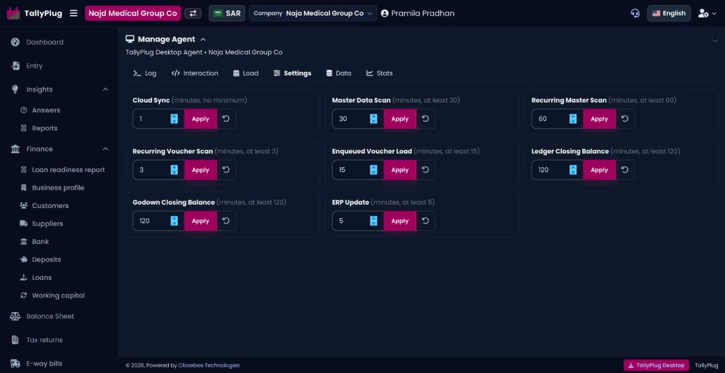 Agent page where you set how often each kind of Tally data is shared