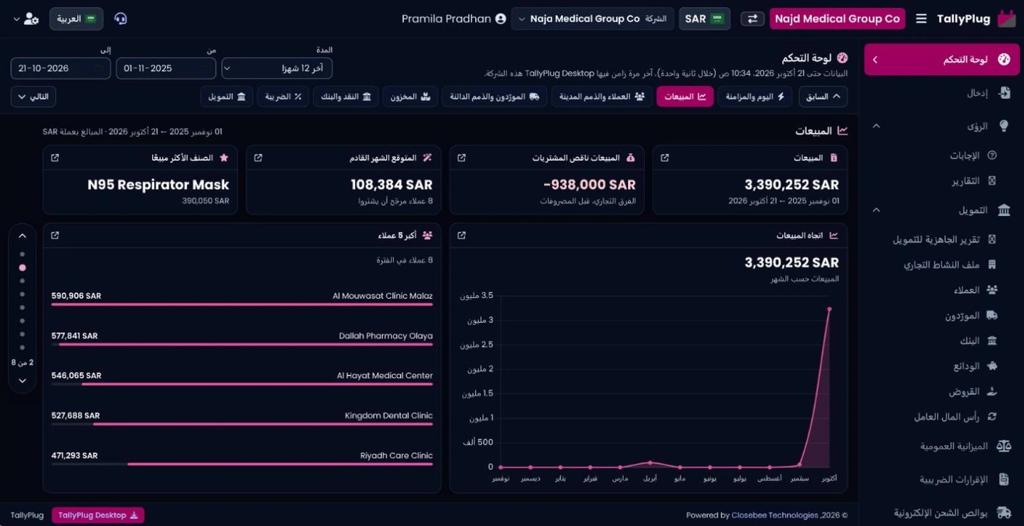 TallyPlug dashboard in Arabic, laid out right to left