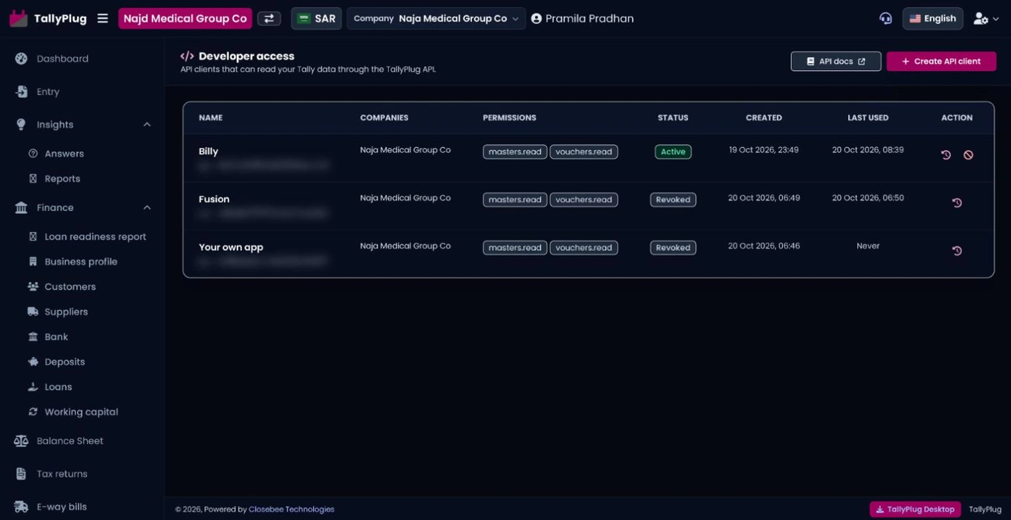 Developer access page listing the apps connected to a company's Tally data