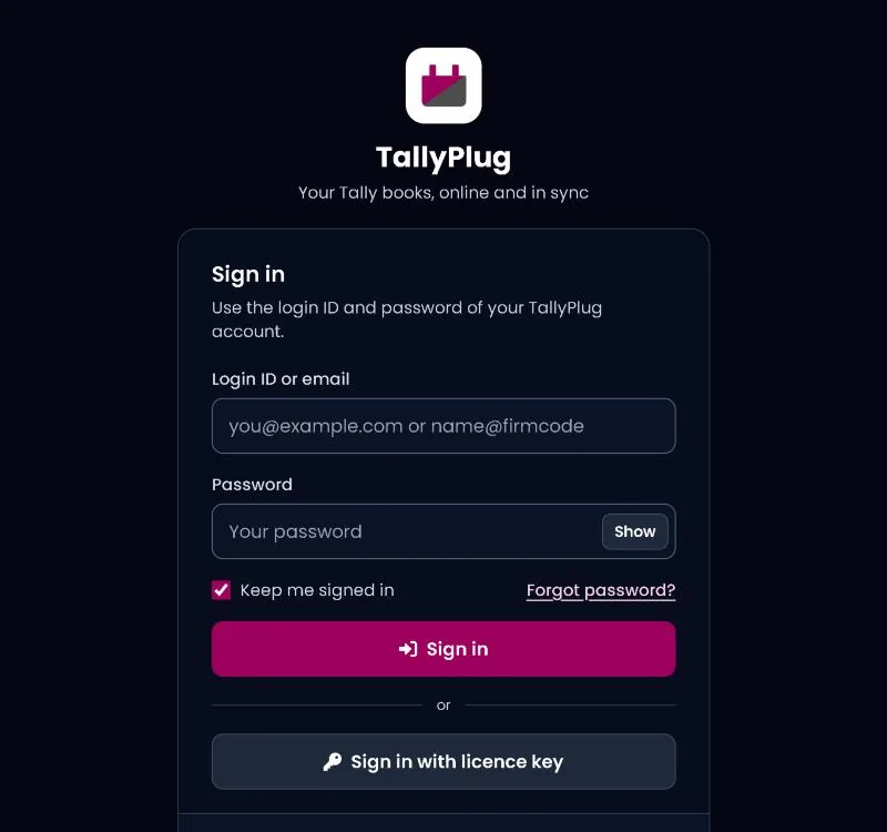 TallyPlug sign-in page with login ID and password boxes