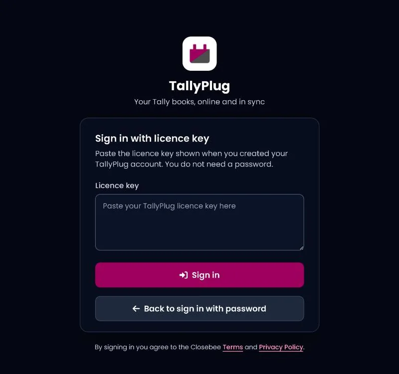 Sign in with licence key, with a box for the key