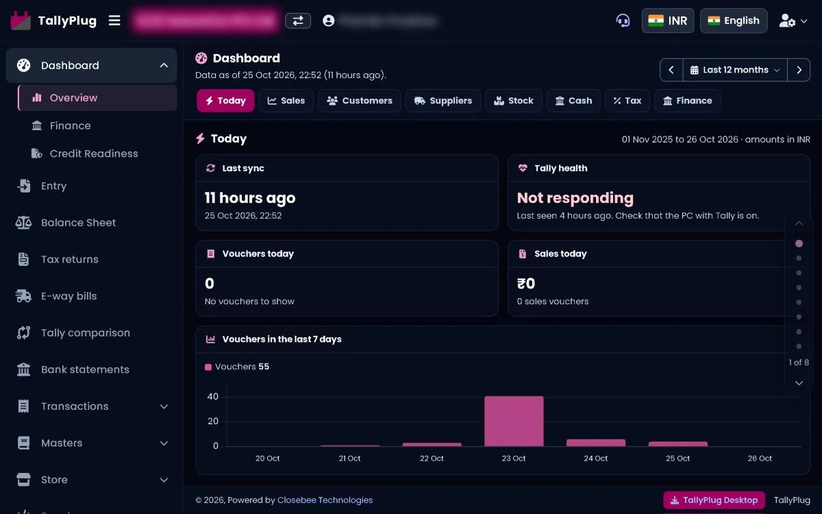 TallyPlug Dashboard with the main menu on the left and the Today tab open