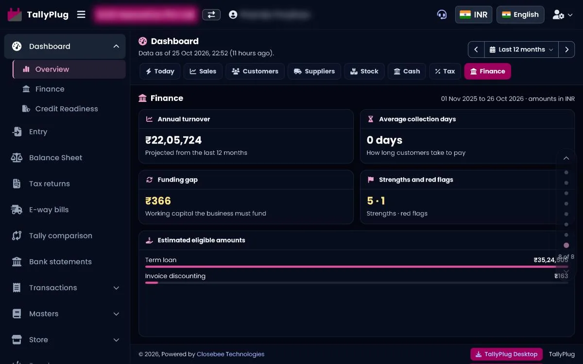Overview Finance tab with turnover and eligible amounts