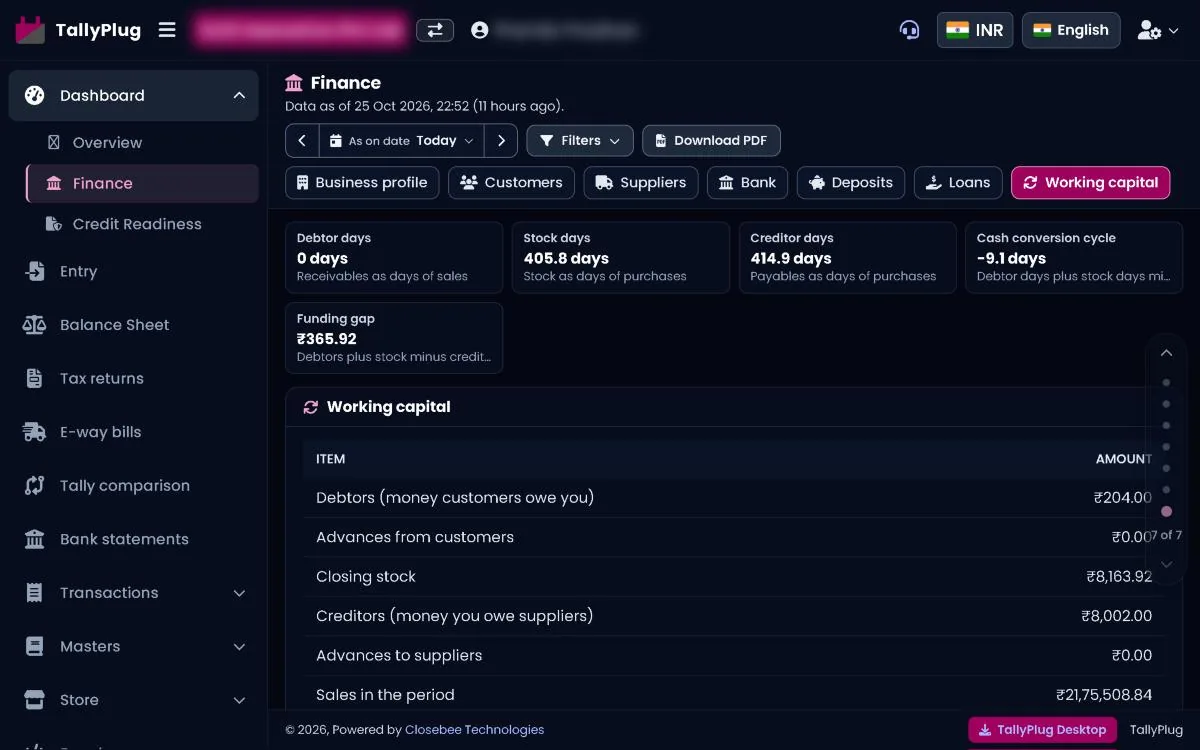 Finance report Working capital tab