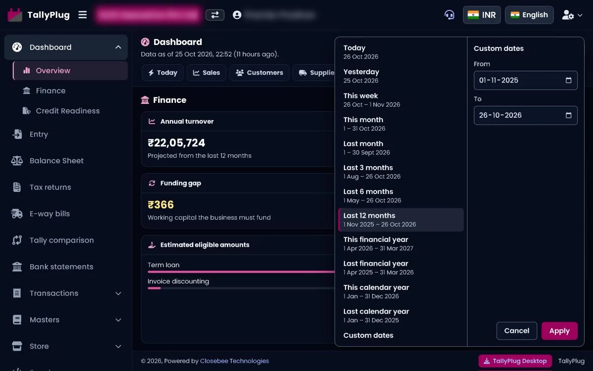 Date picker open with presets and custom dates