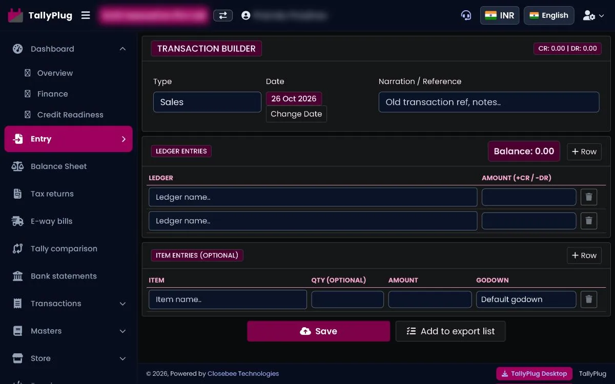 Transaction builder with type, date, ledger and item entries