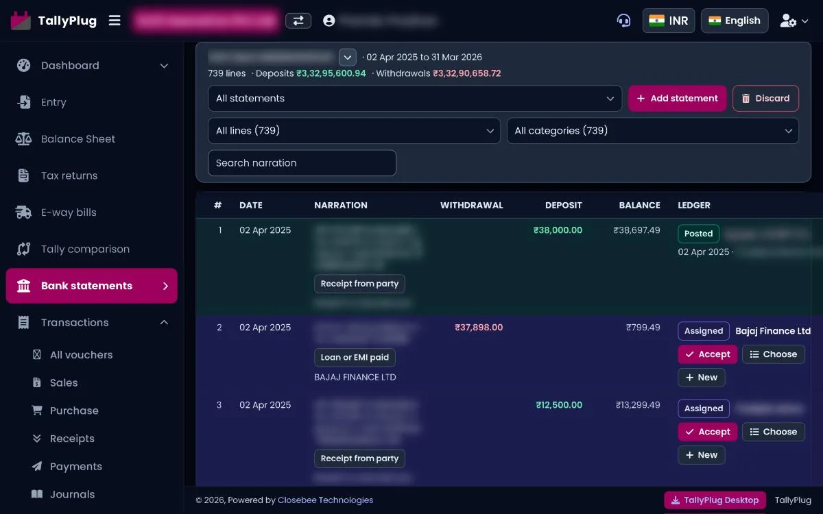 Bank statement lines with ledger suggestions