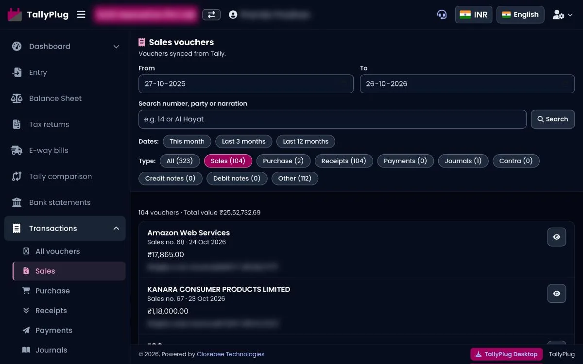 Sales vouchers list with total value