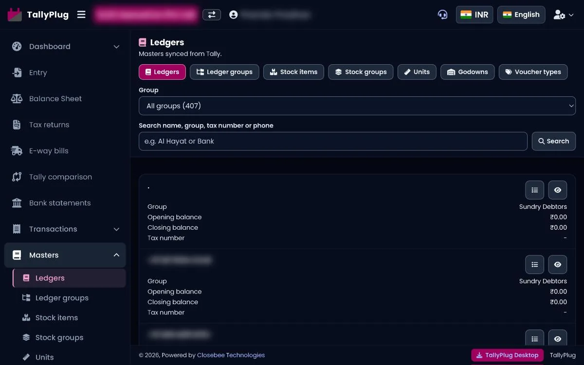 Ledgers list with group filter and search