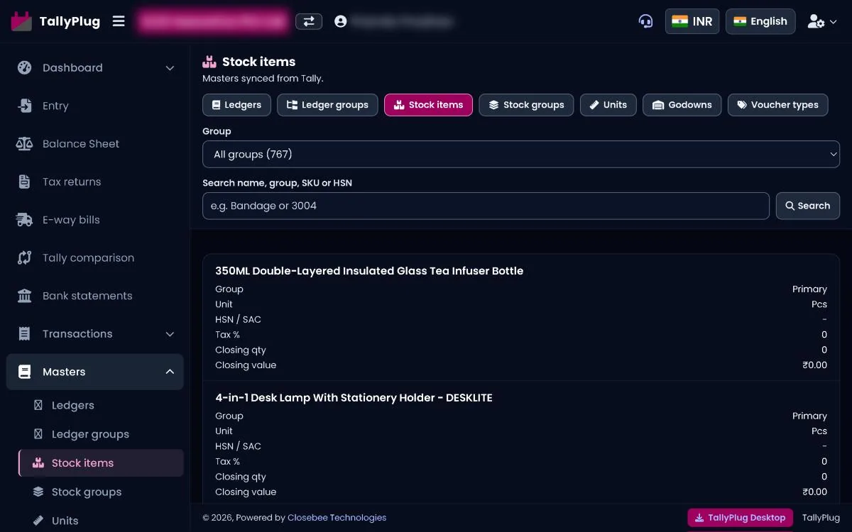 Stock items list with HSN, tax and closing value