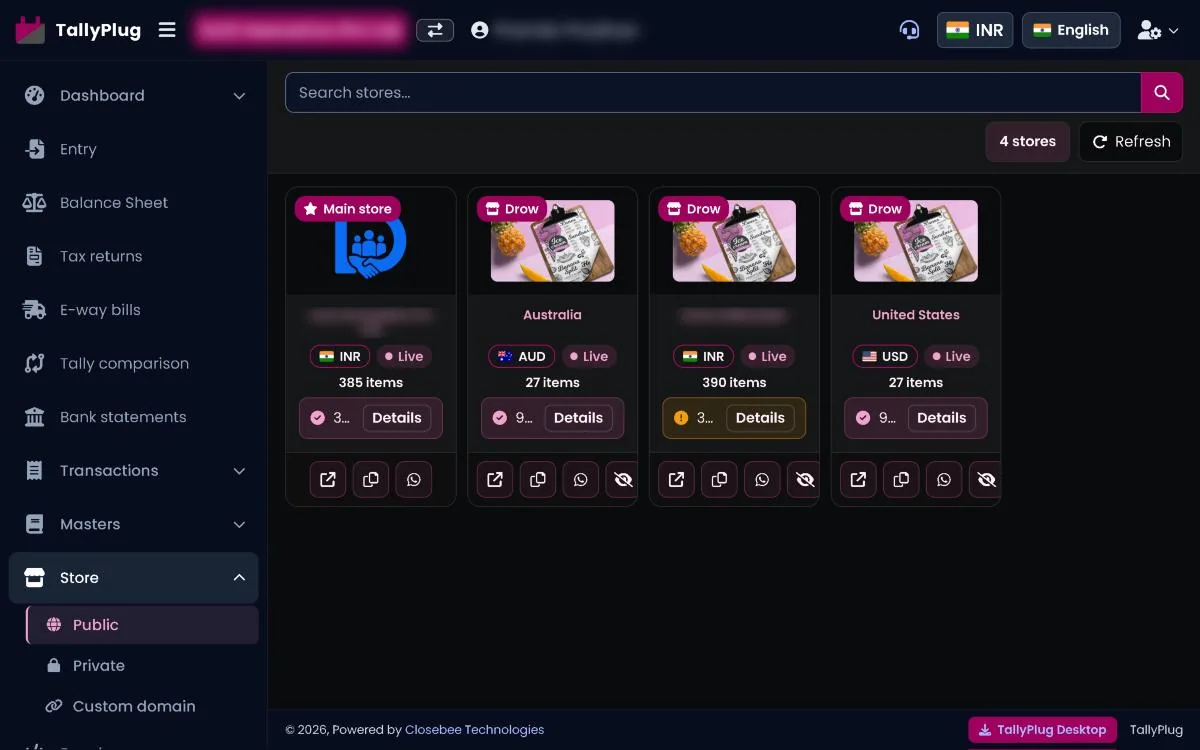 Public stores list with Details and share buttons