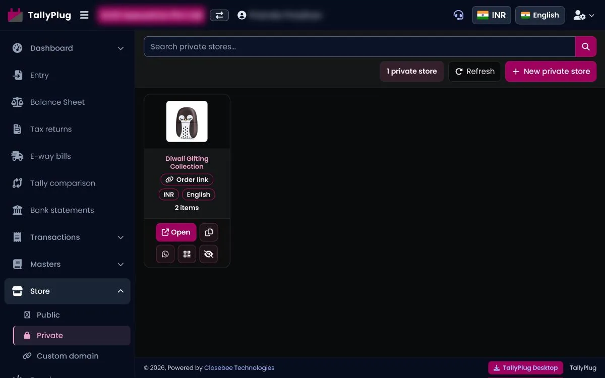 Private store card with Open and share buttons
