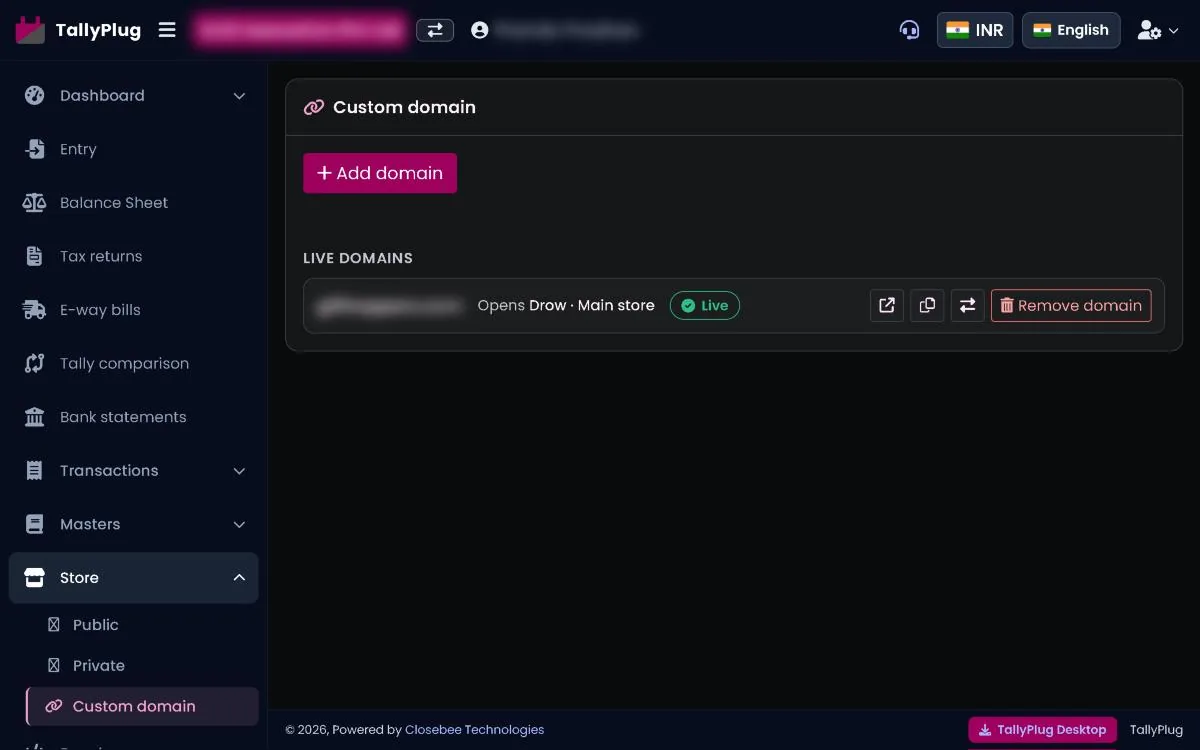 Custom domain page with a live domain
