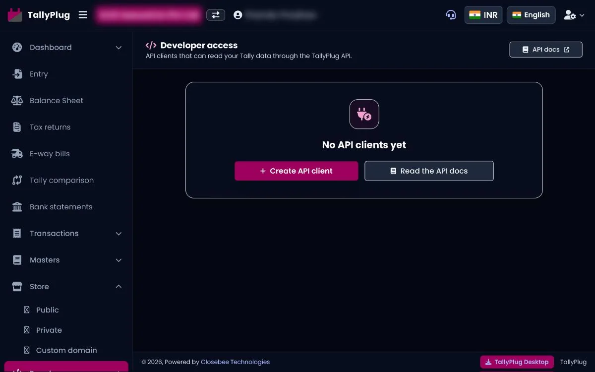 Developer access page with Create API client