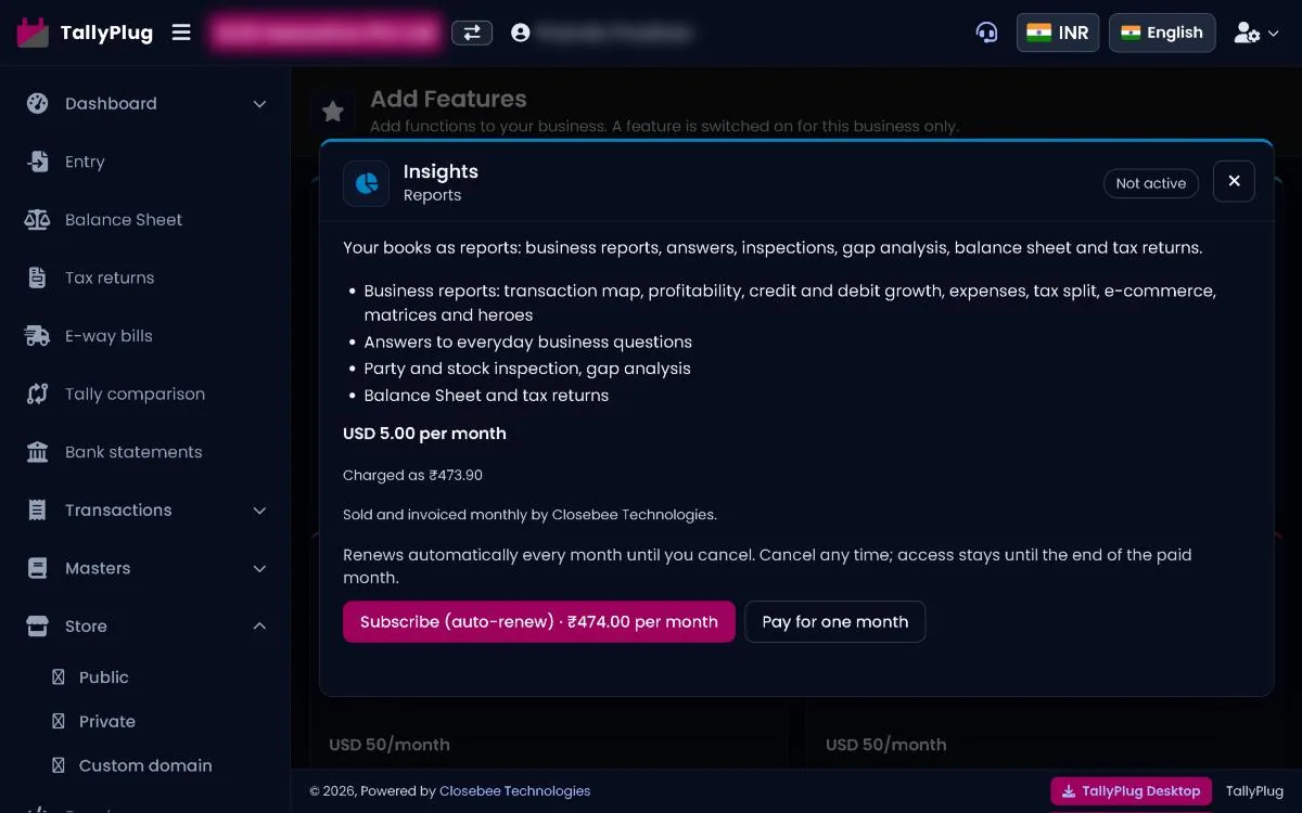 Insights details with its feature list and subscribe options