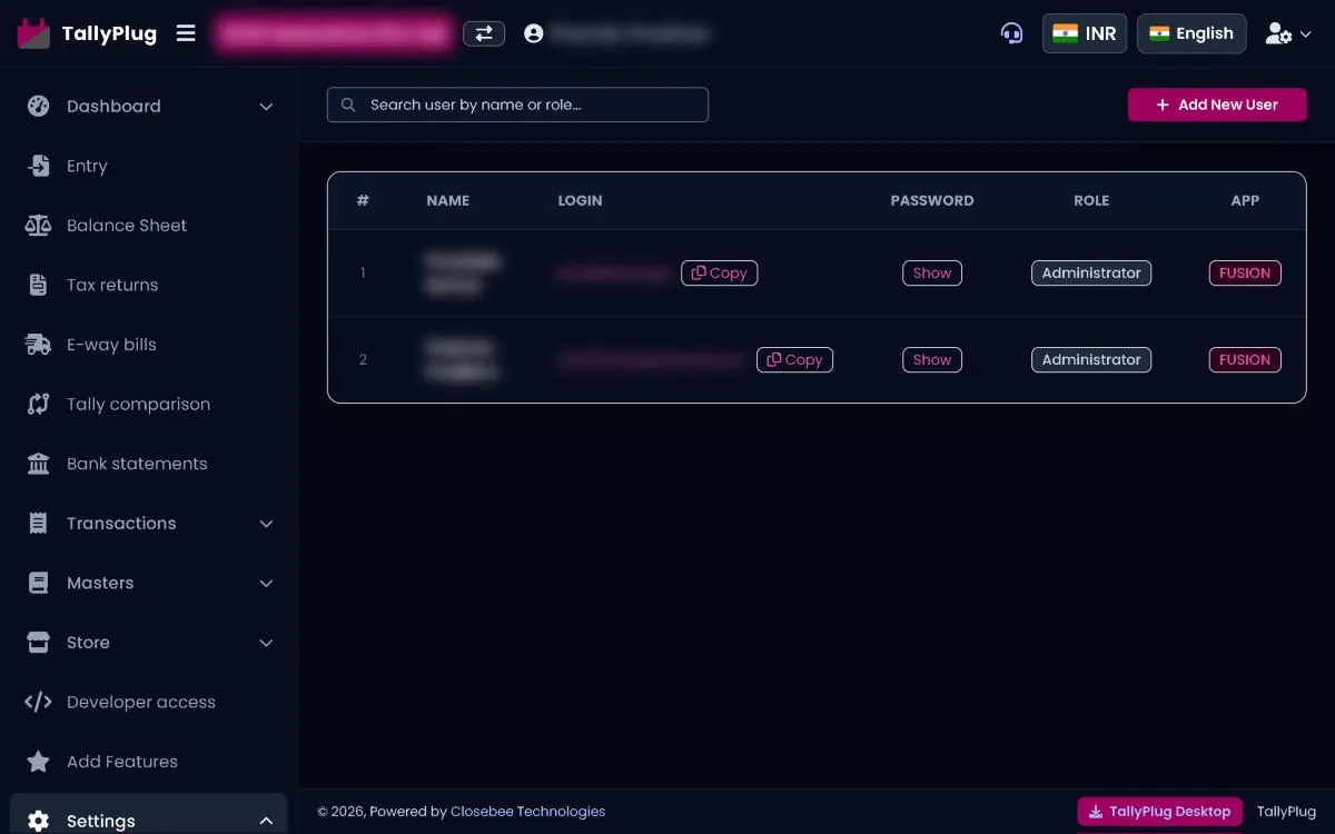 Users list with login, role and app