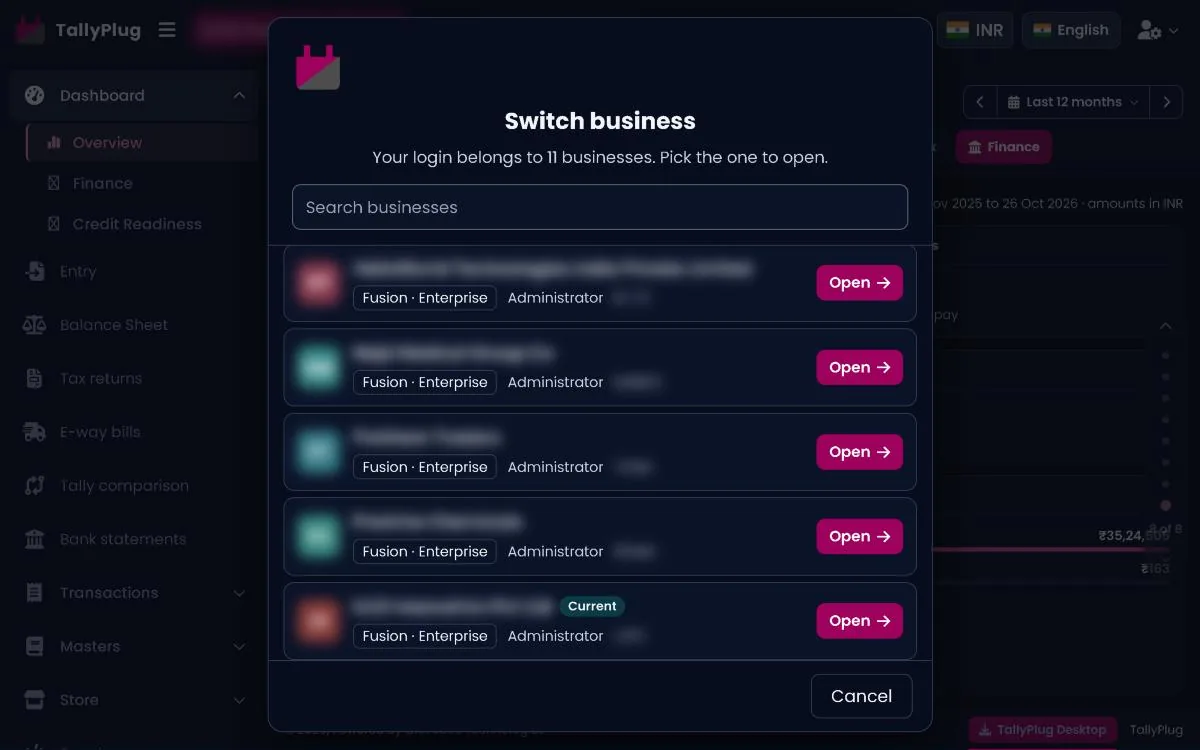 Switch business list with Open buttons and a Current badge