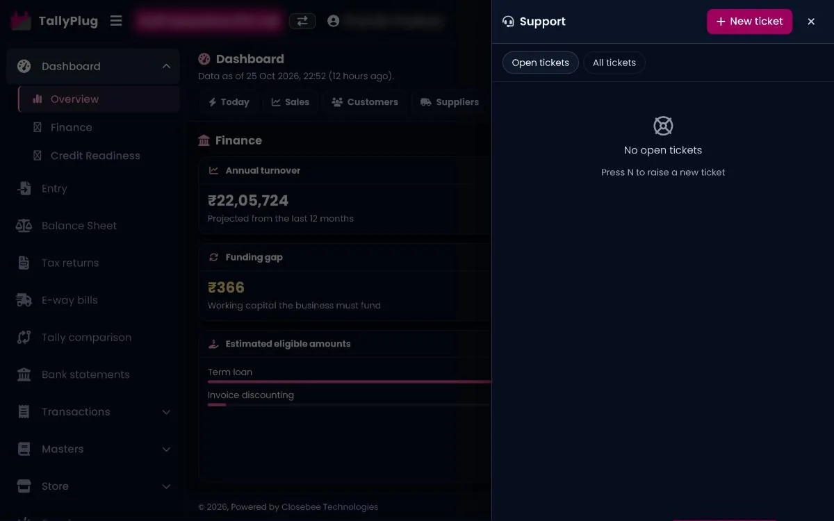 Support panel with New ticket and ticket tabs