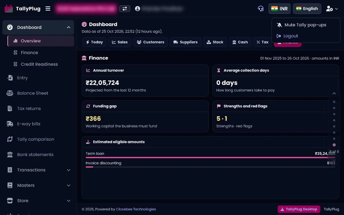 Account menu with Mute Tally pop-ups and Logout